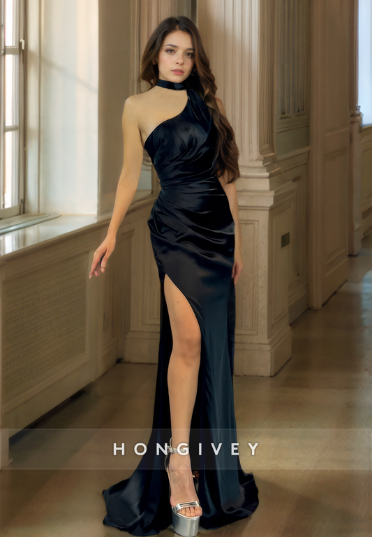 Sexy Halter Trumpet Prom Dress with High Side Slit Evening Dress