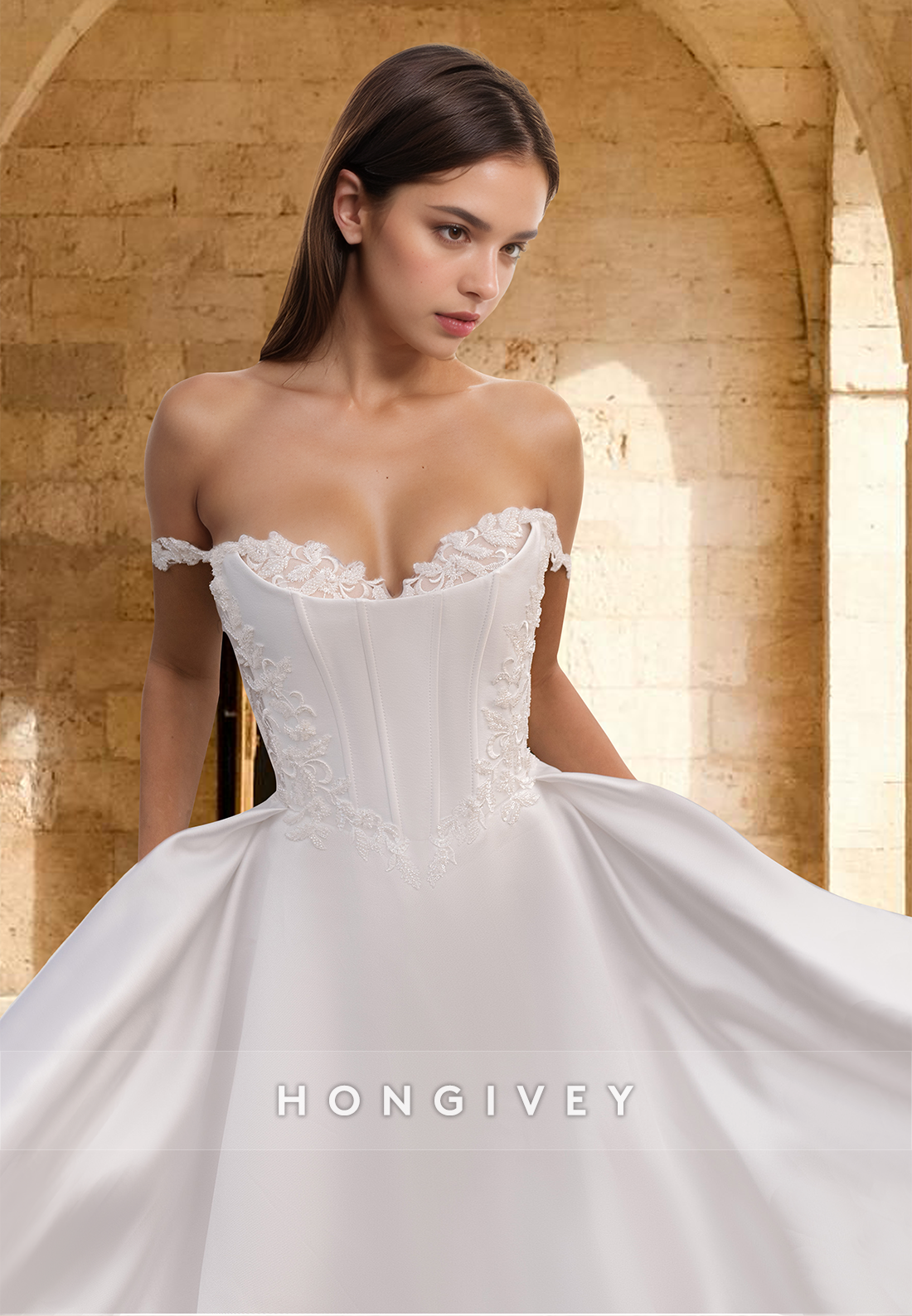 Chic Straps Applique A-Line Satin with Train Wedding Dress Bride Gown HONGIVEY