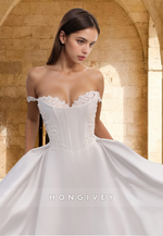 Chic Straps Applique A-Line Satin with Train Wedding Dress Bride Gown HONGIVEY