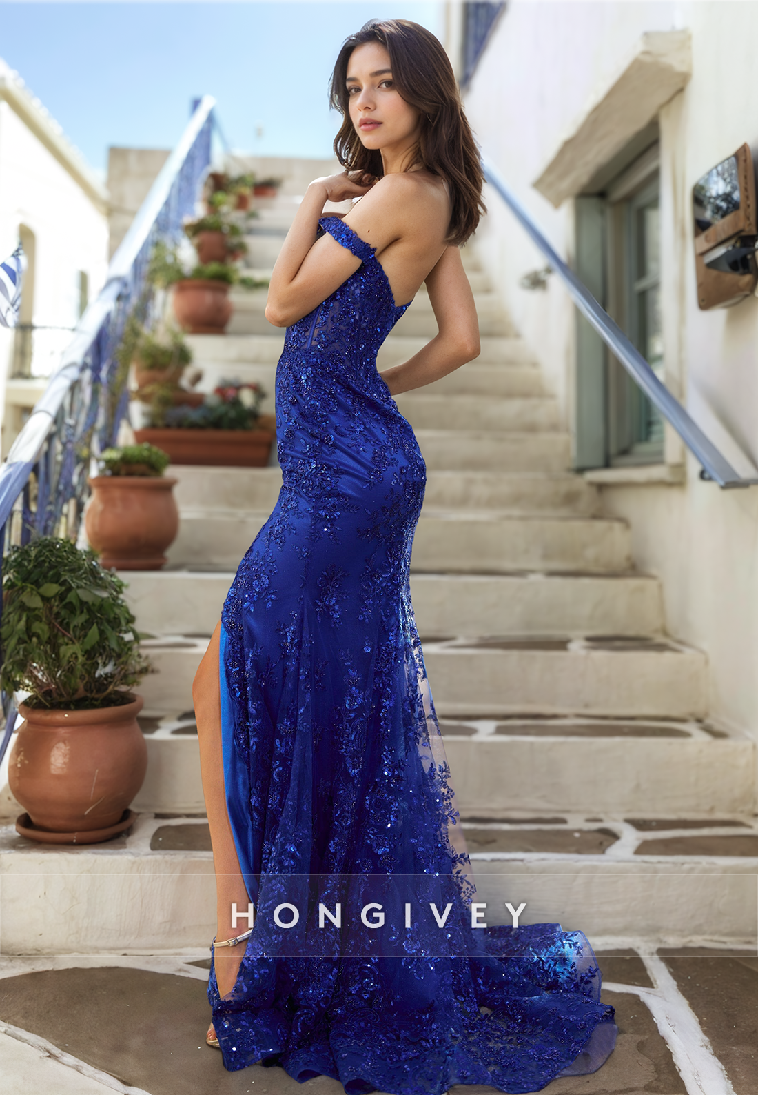 HONGIVEY Elegant Applique Mermaid Evening Dress 2025 Royal Blue Straps Formal Party Gown