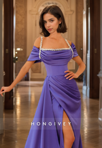 Elegant Off-Shoulder Satin Evening Dress Side Slit Long Formal Party  Dress