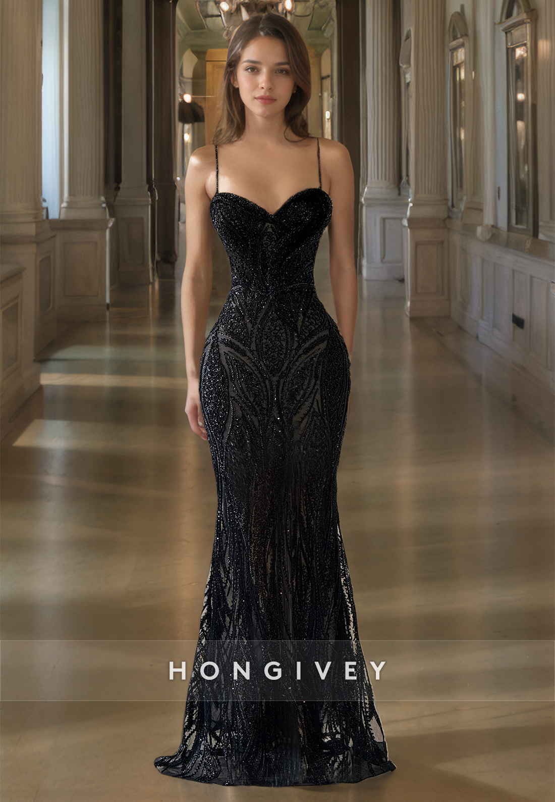 HONGIVEY Black Sheer Lace Applique Straps Mermaid Evening Dress High Quality Custom Made