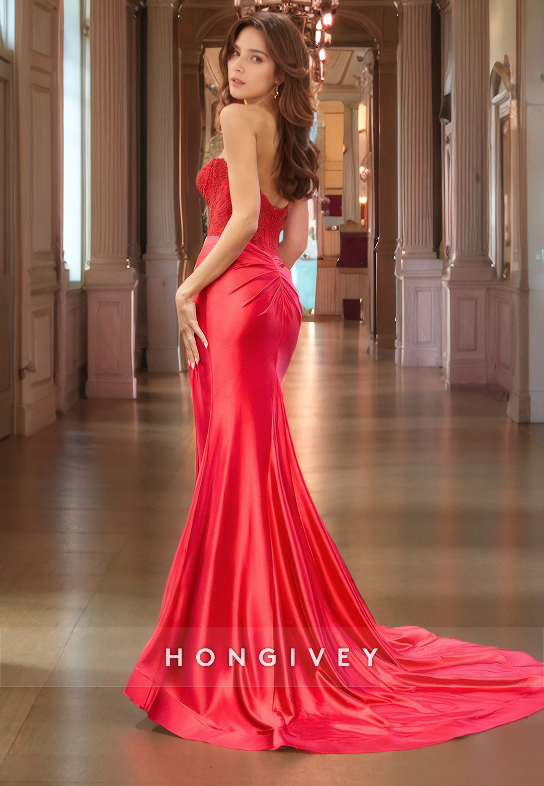 Sexy Red Applique Sweetheart Sheath Sleeveless Satin Evening Dress HONGIVEY