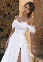 Off-Shoulder Tulle A-Line Side Slit Wedding Dress with Train Bride Gown HONGIVEY