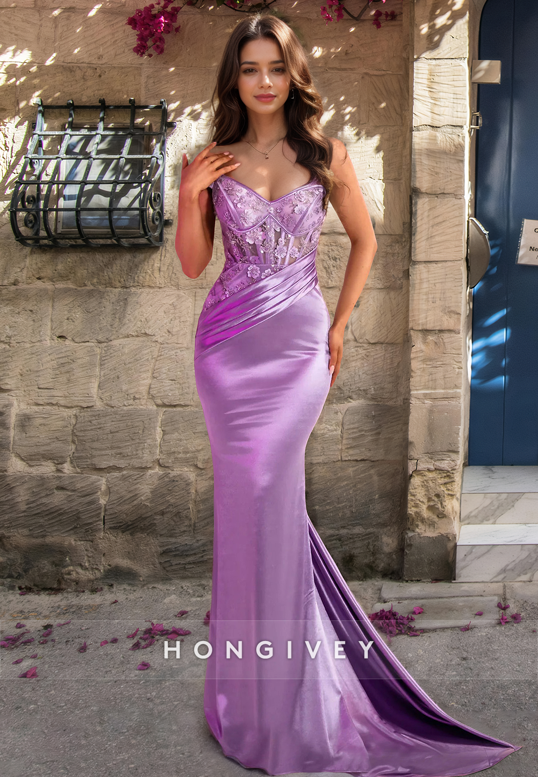 HONGIVEY New Purple Mermaid Formal Evening Dress with Train Strapless Satin Prom Gown