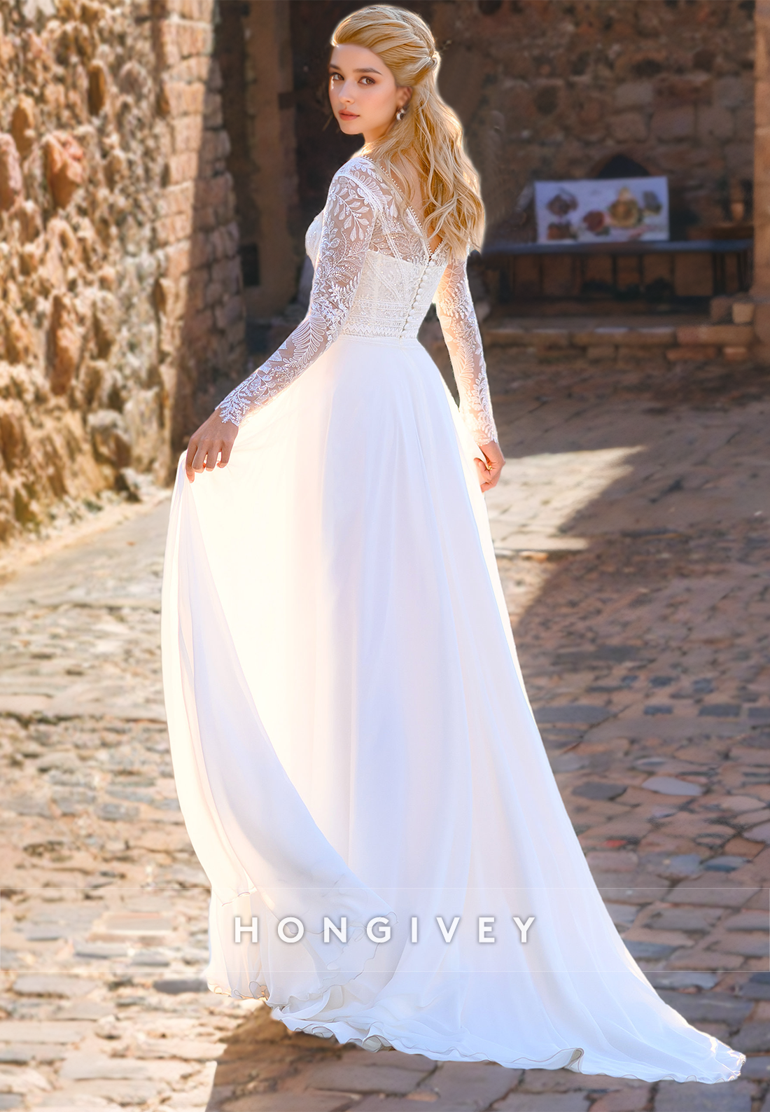 Elegant A-Line V-Neck Long Sleeve With Side Slit Boho Wedding Dress