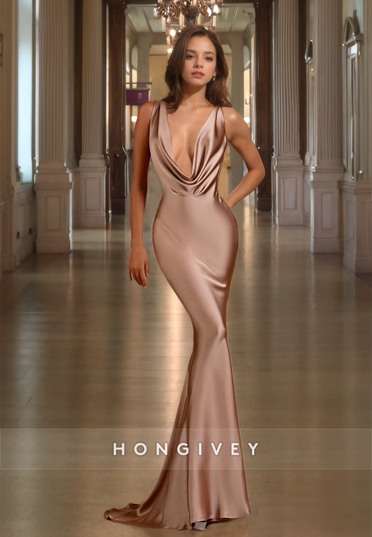 Sexy Satin Trumpt Asymmetrical Straps Empire With Train Party Prom Evening Dress