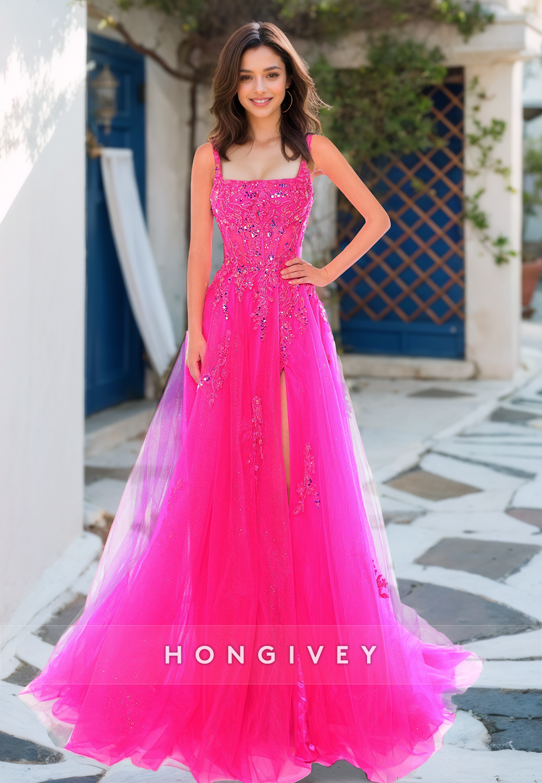 HONGIVEY Glitter Beaded Tulle Prom dress Square Straps A-Line Long Party Dress Formal Evening Dress