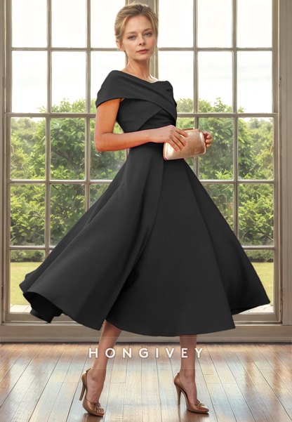 A-Line Off-Shoulder Sleeveless Ruched Tea-Length Cocktail Evening Dress