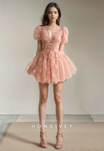 A-Line V-Neck Short Sleeves Appliques Short Party Homecoming Dress