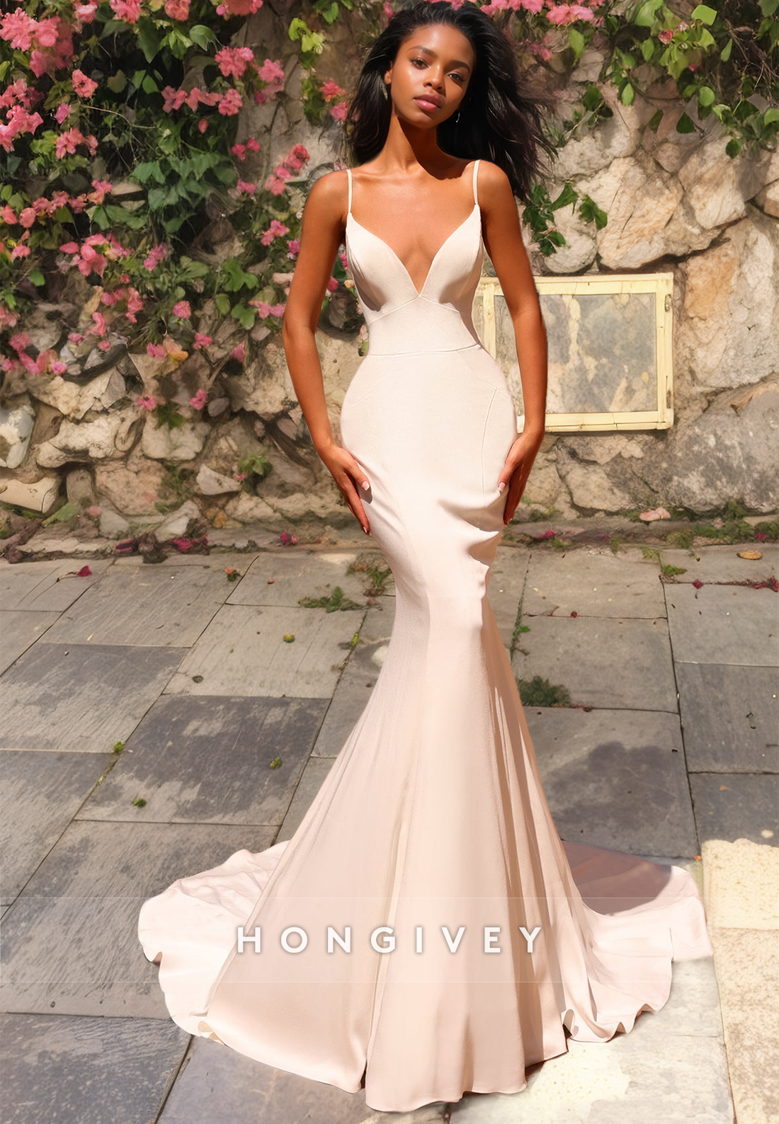 V-Neck Spaghetti Straps Trumpet Beach Wedding Dress