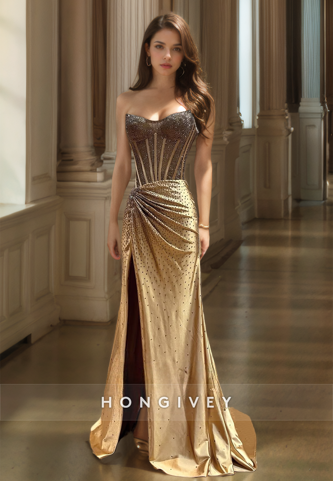 Sparkle Beaded Champagne Mermaid/Trumpet Prom Dress Floor Lenghth luxury Formal Evening Dress