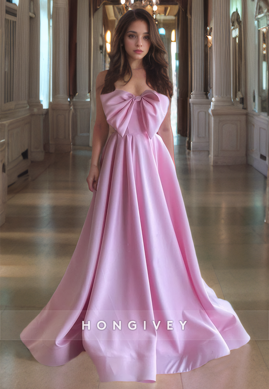 Candy Pink Bow A-Line Prom Dress Draped Graceful Floor Length Strapless Quinceanera Dresses