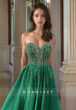 Elegant Dark Green Beaded Long Formal Evening Dress Strapless Satin A-Line Prom Gown