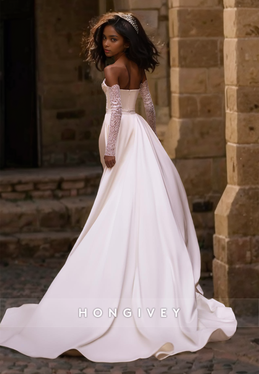 HONGIVEY Elegant Mermaid Satin Wedding Dress with Detachable Train Gloves Bride Gown