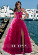 HONGIVEY Strapless Tulle Prom Dress Fuchsia Tiered A-Line Evening Dress Quinceanera Dresses