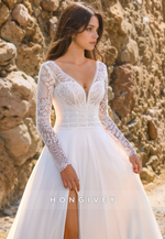 Elegant A-Line V-Neck Long Sleeve With Side Slit Boho Wedding Dress