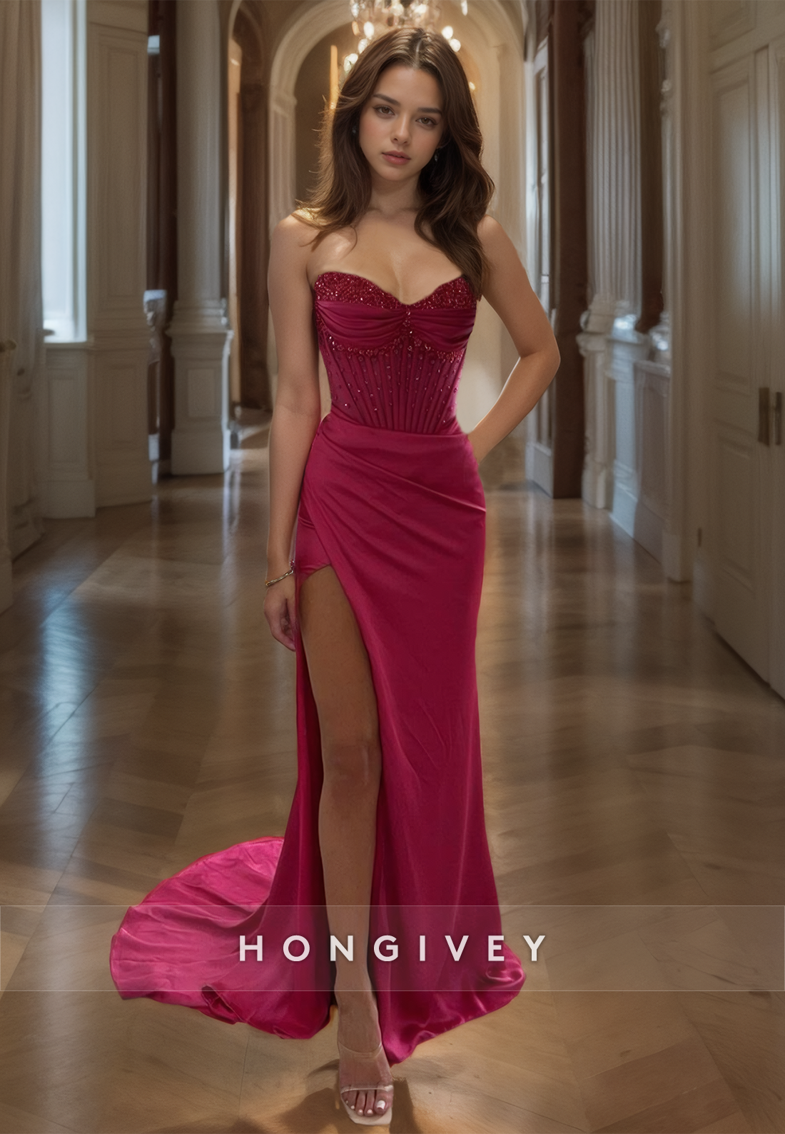 Sexy Beaded Sweetheart A-Line Formal Evening Dress with Train Fuchsia Prom Gown