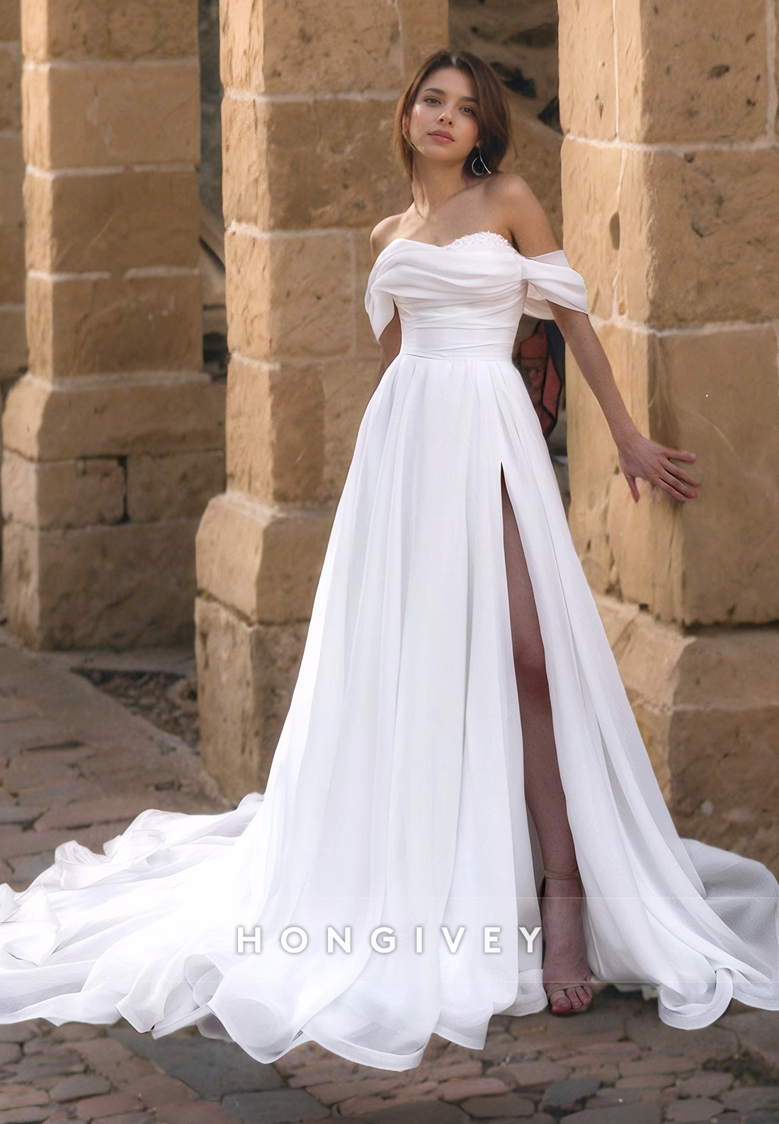 Off-Shoulder Tulle A-Line Side Slit Wedding Dress with Train Bride Gown HONGIVEY