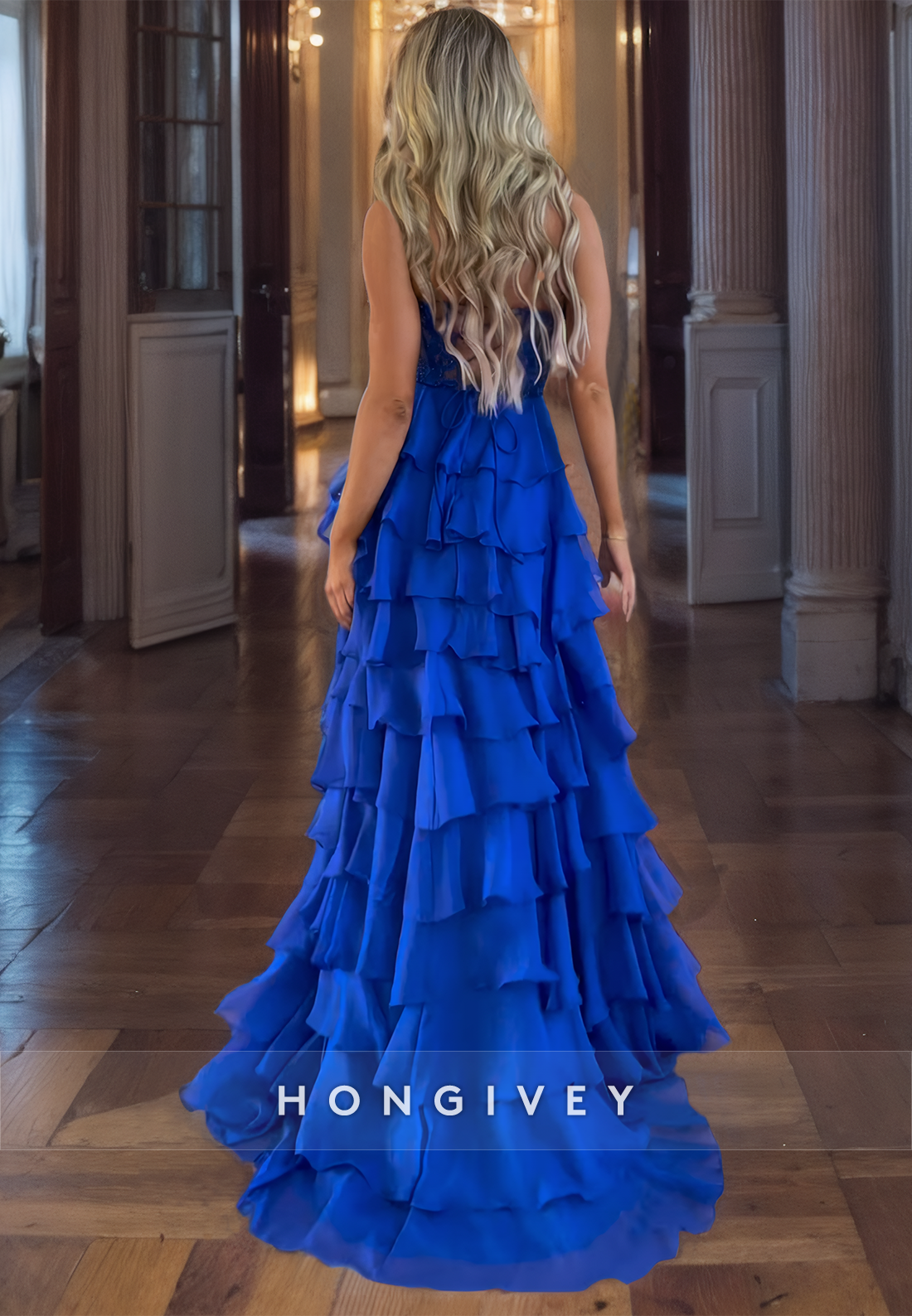 HONGIVEY Glitter Tiered Strapless Royal Blue A-Line Prom Dress Party Gown Floor-Length