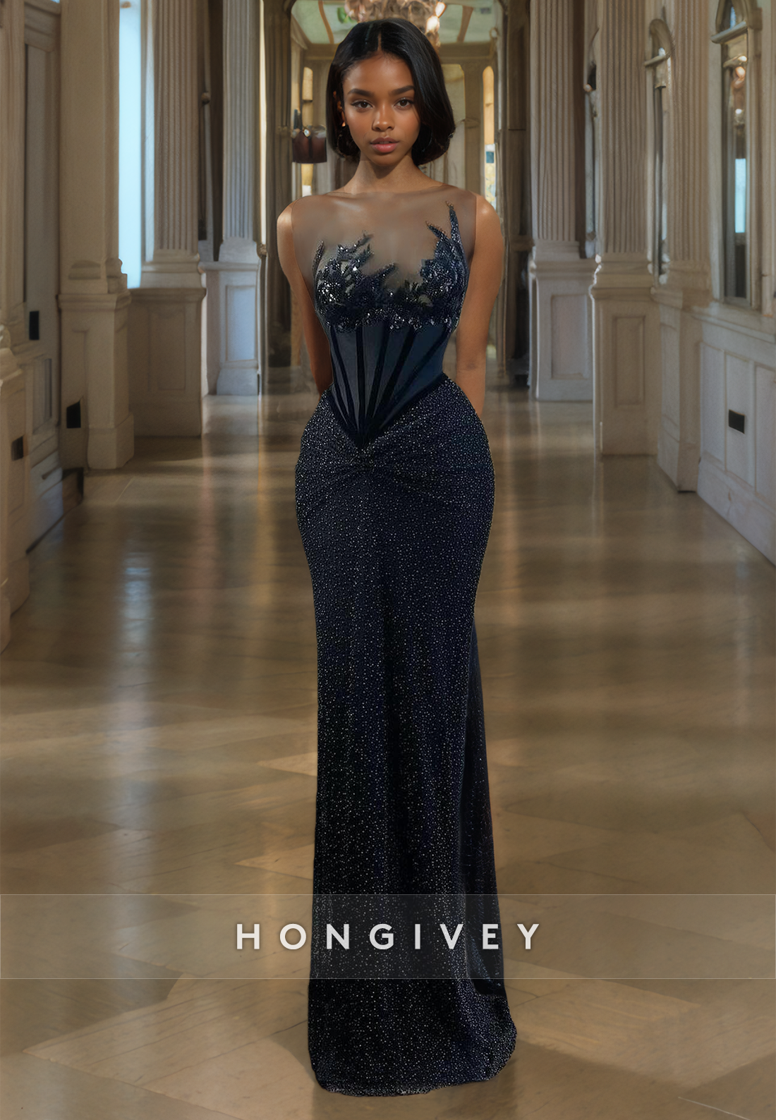 HONGIVEY Black Asymmetrical Fitted Applique Strapless Evening Dress Formal Party Gown