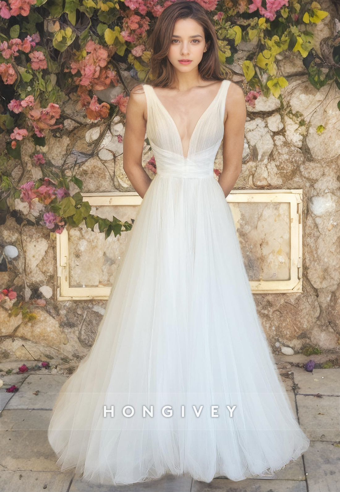 Tulle A-Line V-Neck Sleeveless Beach Wedding Dress