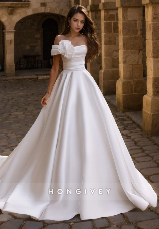 Satin A-Line One Shoulder Sleeveless With Train Wedding Dress