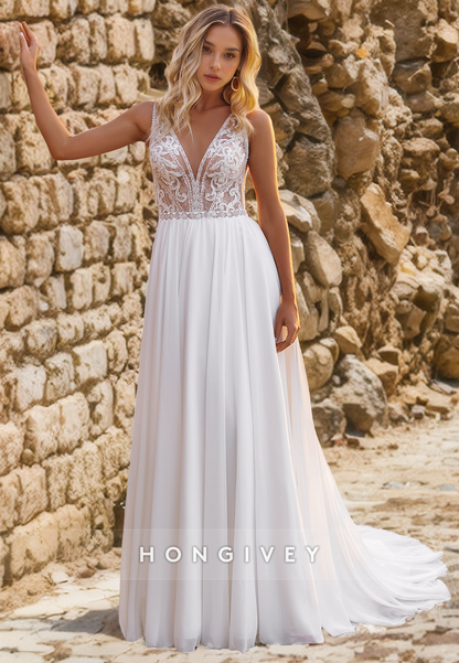 A-Line Sleeveless Sheer Appliques Beaded With Train Beach Wedding Dress