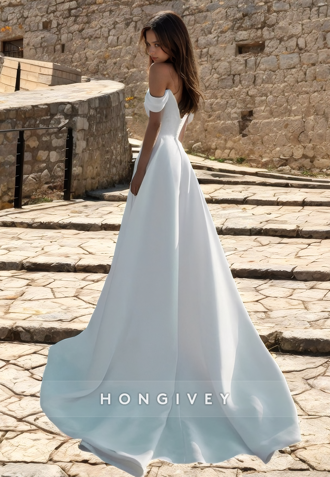 Casual Off-Shoulder EmpireA-Line With Side Slit Wedding Dress