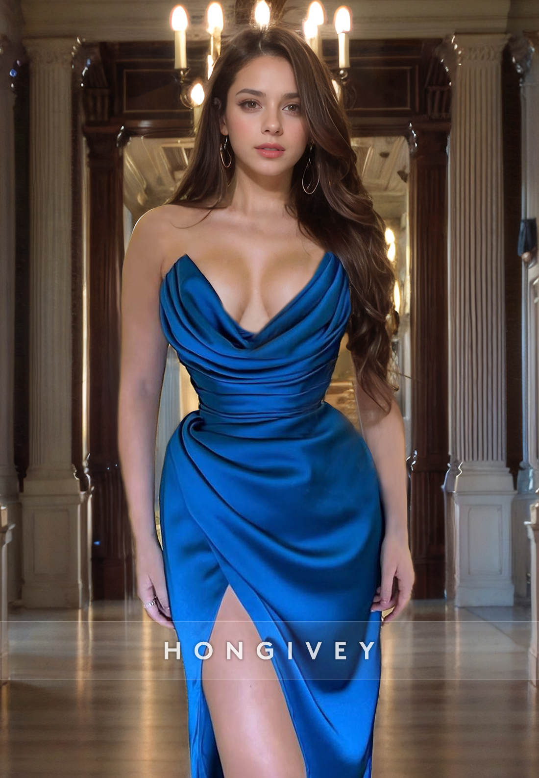 Sexy Ruched Sleeveless Satin Classic V-Neck Evening Dress HONGIVEY