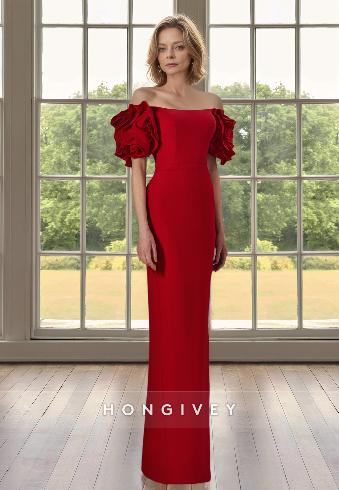 Fitted Long Red Puff Sleeves Bateau Mother of the Bride Wedding Guest Dress