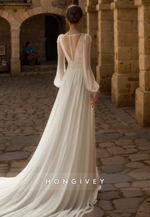 Casual A-Line V-Neck Long Sleeve With Side Slit Sheer Wedding Dress