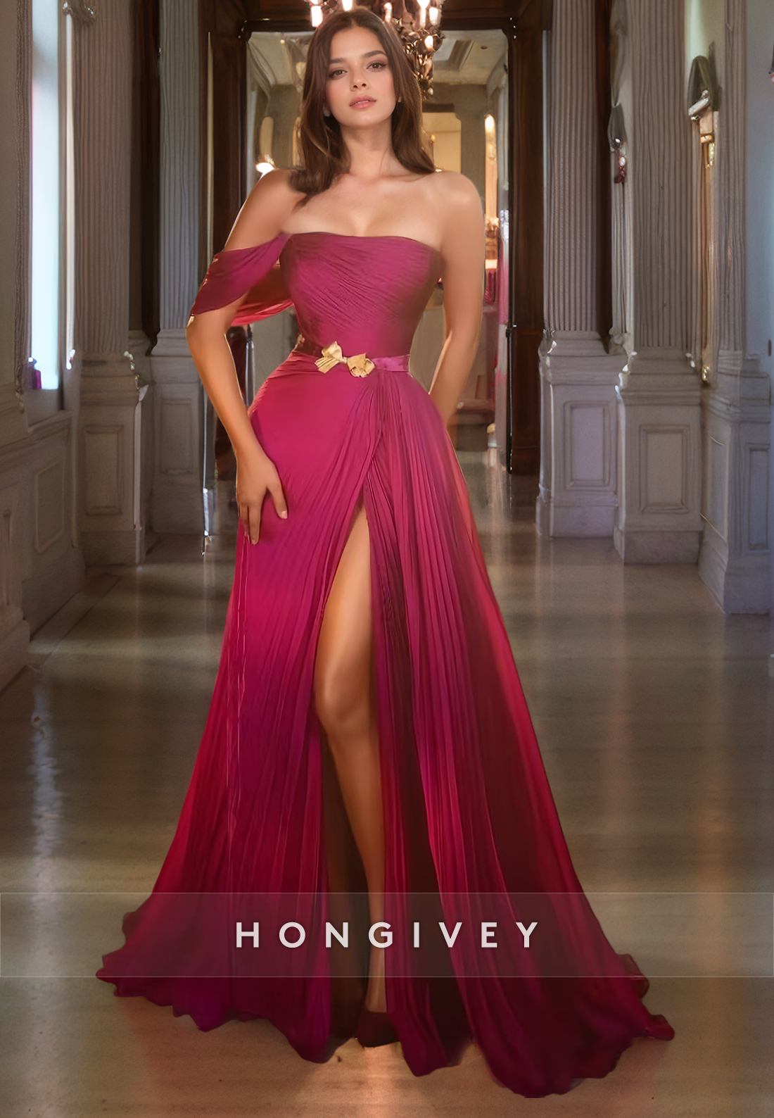 Chic One Shoulder A-Line Prom Dress Elegant with Bow Belt Ball Gown HONGIVEY