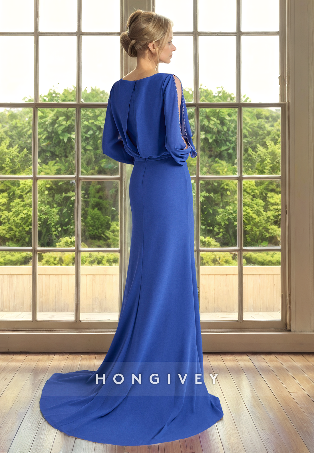 Classic Trumpet V-Neck Long Sleeve With Train Mother of the Bride Dress