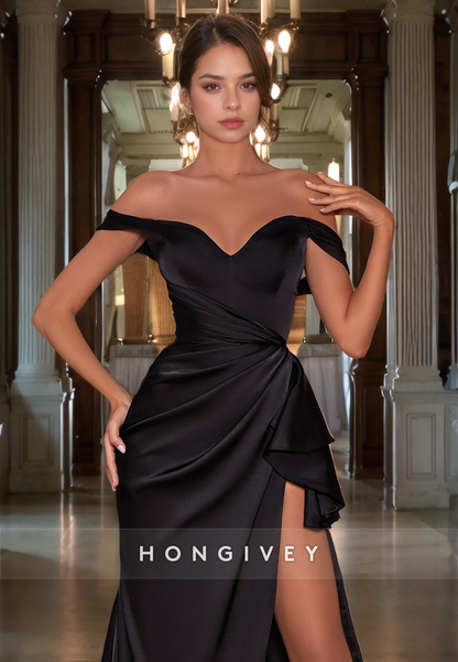 Satin Off-Shoulder Sleeveless  Ruched With Side Slit Party Prom Evening Dress