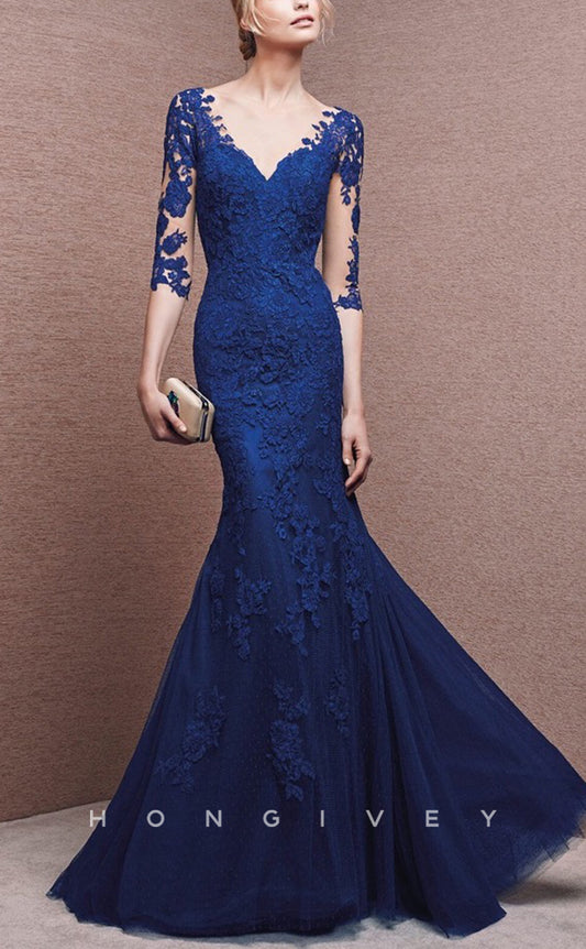 HM103 - Elegant & Luxurious V-Neck Empire Trumpet Appliques 3/4 Sleeves Wedding Party Dresses
