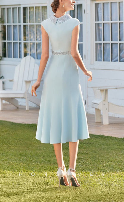 HM106 - Glamorous & Dramatic Satin Two-Piece High Neck Cap Sleeves Knee-Length Wedding Party Dresses