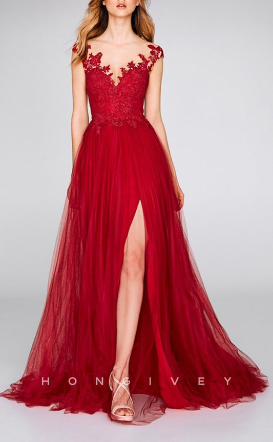 HM111 - Classic & Timeless Red V-Neck Sleeveless Appliques With Side Slit Wedding Party Dresses
