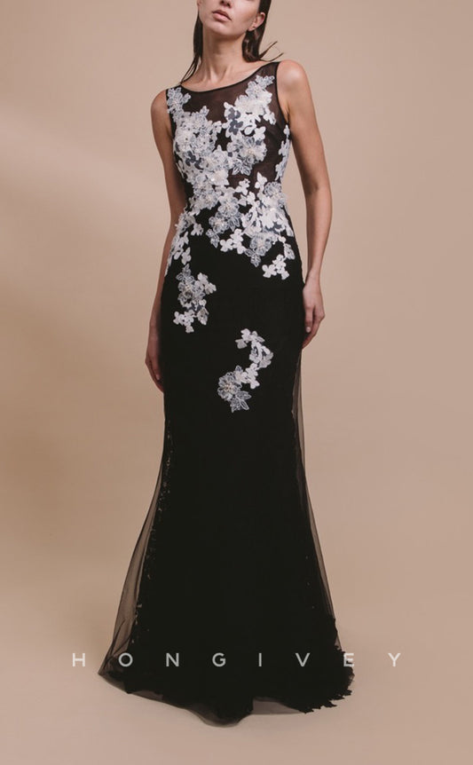 HM114 - Chic & Modern Black Illusion With Train Scoop Sleeveless Appliques Wedding Party Dresses