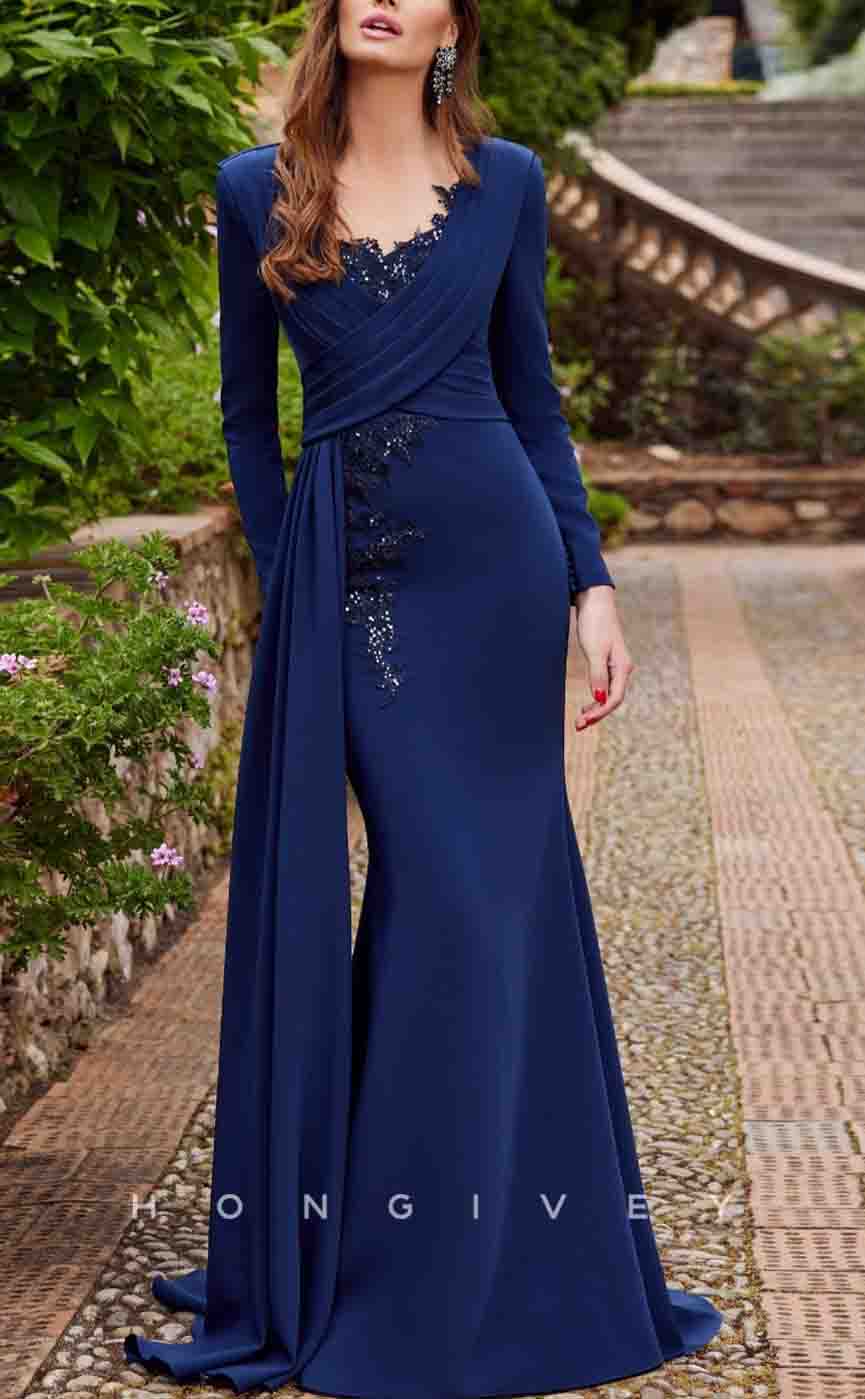 HM125 - Sexy Satin Trumpet V-Neck Long Sleeve Empire Ruched Sequined Appliques With Train Mother of the Bride Dress