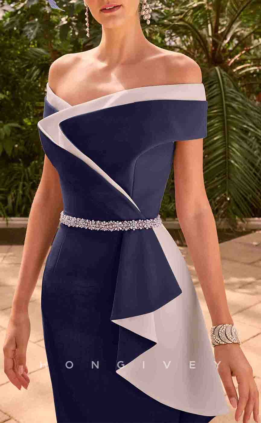 HM127 - Sexy Satin Fitted Off-Shoulder Empire Belt Beaded Ruffled Knee-Length Mother of the Bride Dress