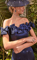 HM131 - Sexy Satin A-Line Bowknot Off-Shoulder Empire Tea-Length Mother of the Bride Dress