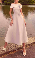 HM140 - Sexy Satin A-Line Off-Shoulder Empire Floral Embossed Tea-Length Mother of the Bride Dress