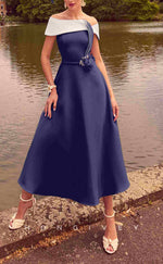 HM140 - Sexy Satin A-Line Off-Shoulder Empire Floral Embossed Tea-Length Mother of the Bride Dress