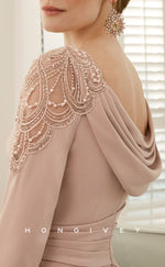 HM142 - Sexy Satin Fitted Scoop Empire 3/4 Sleeves Beaded Appliques Ruffled Mother of the Bride Dress