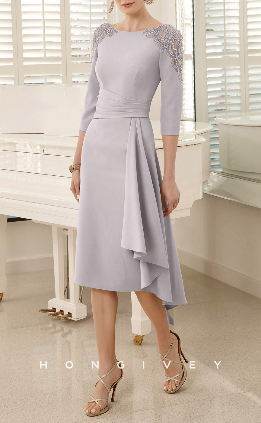HM142 - Sexy Satin Fitted Scoop Empire 3/4 Sleeves Beaded Appliques Ruffled Mother of the Bride Dress