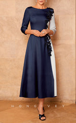 HM145 - Sexy Satin A-Line Empire Scoop 3/4 Sleeves Floral  Appliques Mother of the Bride Dress