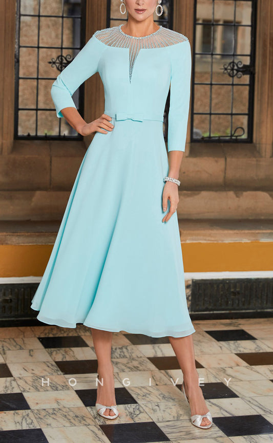 HM150 - Sexy Satin A-Line Round Empire 3/4 Sleeves Bowknot Beaded Mother of the Bride Dress