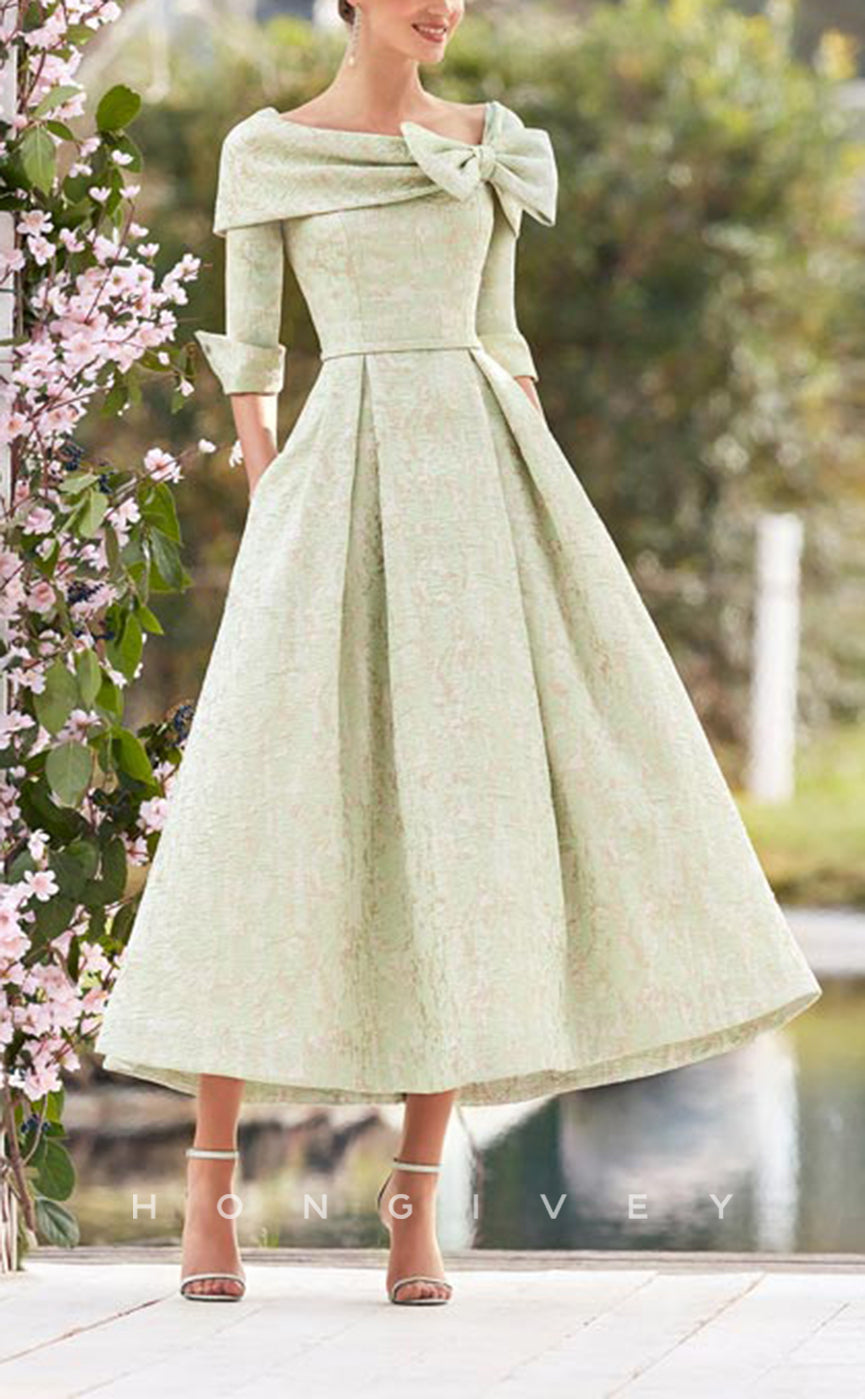 HM153 - Sexy Satin A-Line Asymmetrical Empire 3/4 Sleeves Bowknot With Pockets Mother of the Bride Dress