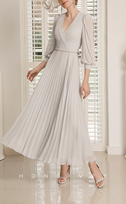 HM154 - Sexy Satin A-Line V-Neck 3/4 Sleeves Empire Belt Ruched Mother of the Bride Dress